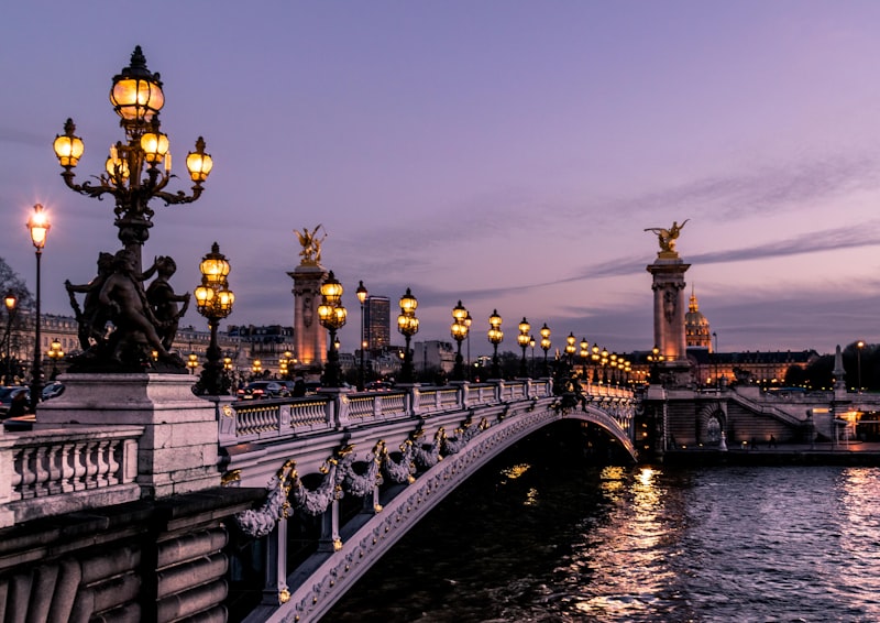 European city skyline at dusk